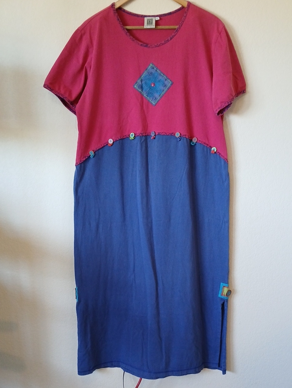 Vintage Usindo 90s Short Sleeve Dress Pink And Blue Wooden Button Accents